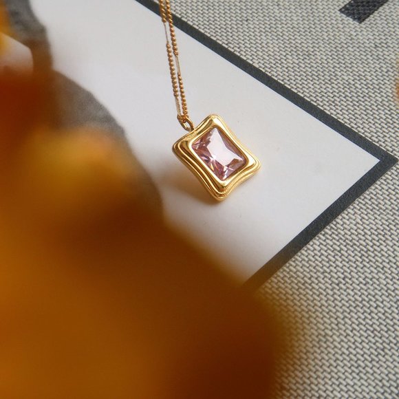 NEW 18K Gold Plated Radiant Cut Pink Sapphire Square Pendant Necklace - Picture 3 of 4